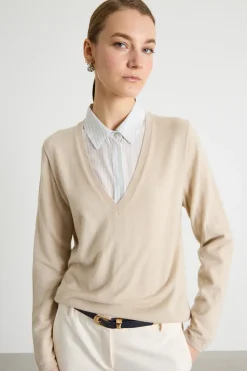 Maglia con scollo a V - Beige
