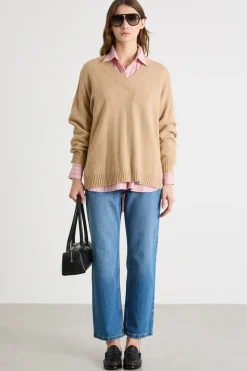 Maglia con scollo a V - Cammello