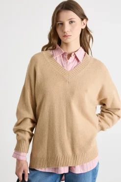 Maglia con scollo a V - Cammello