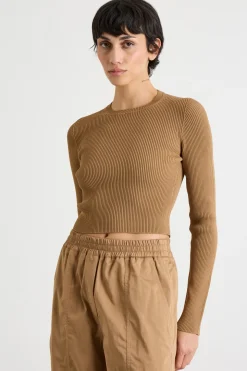 Maglia crop a coste - Cammello