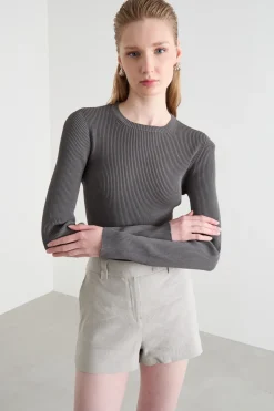 Maglia crop a coste - Grigio