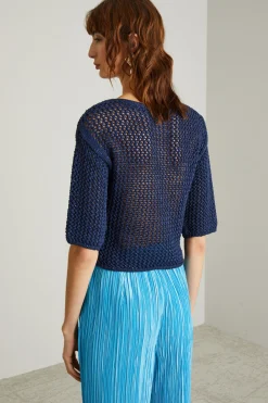 Maglia cropped a rete - Blu