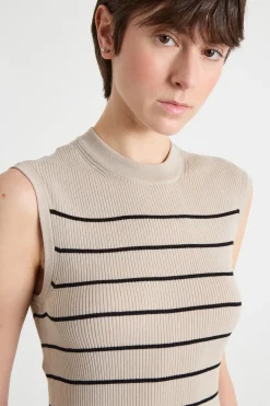 Maglia girocollo aderente senza maniche - Beige Nero