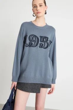 Maglia oversize con motivo floccato - Azzurro