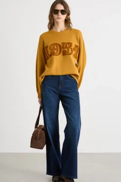 Maglia oversize con motivo floccato - Giallo