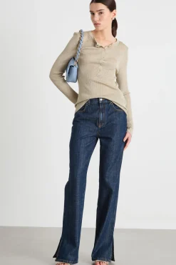 Maglia serafino laminata - Beige