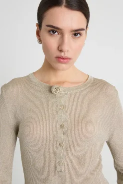 Maglia serafino laminata - Beige