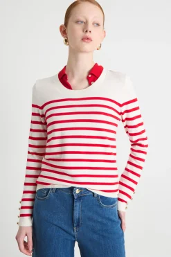 Maglia stretch con ampio scollo - Rosso Bianco