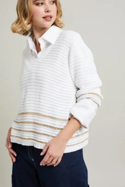Maglia traforata con inserto lamè - Bianco Oro