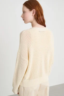 Maglia traforata con scollo a V - Avorio