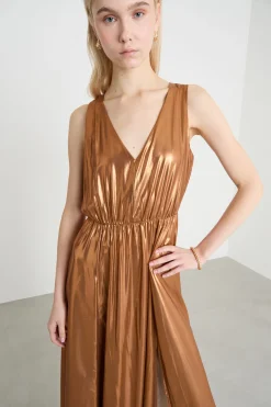 Maxi dress in georgette laminata - Bronzo