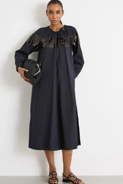 Maxi dress in popeline con paillettes - Blu