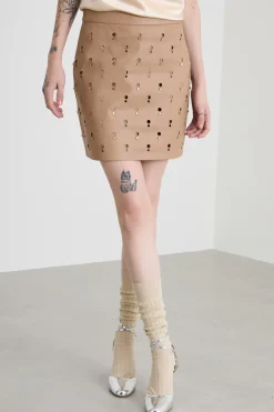 Minigonna in nappa con strass - Beige