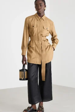 Over shirt con cintura - Cammello