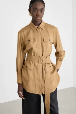 Over shirt con cintura - Cammello