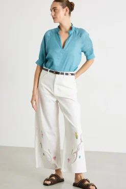 Pantalone ampio con ricami e dettagli in pizzo - Bianco