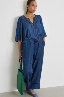 Pantalone ampio in twill ricamato - Blu