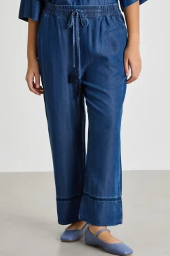 Pantalone ampio in twill ricamato - Blu