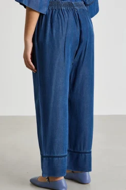 Pantalone ampio in twill ricamato - Blu