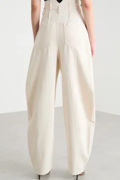 Pantalone cocoon in bull con cintura - Avorio