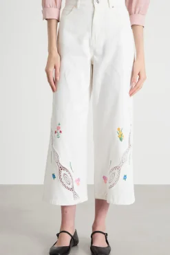 Pantalone con ricamo floreale - Bianco