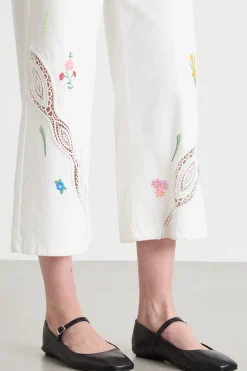 Pantalone con ricamo floreale - Bianco