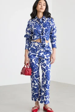 Pantalone crop dritto in raso - Blu Bianco