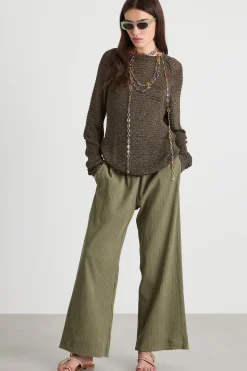 Pantalone dritto in jersey plissè - Verde