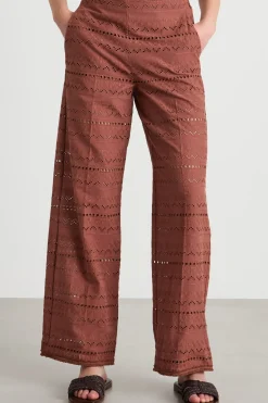 Pantalone dritto in voile ricamato - Marrone