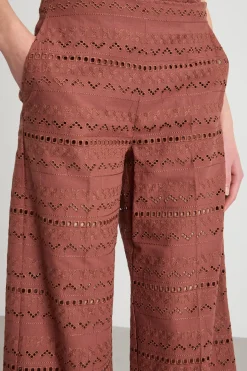 Pantalone dritto in voile ricamato - Marrone