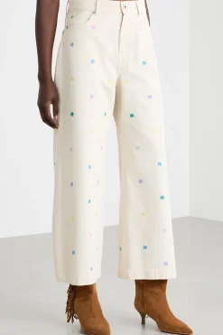 Pantalone in bull con ricami - Bianco