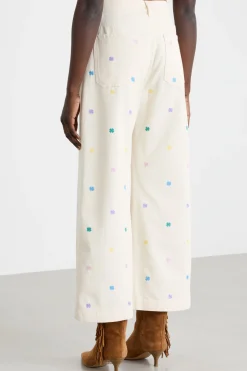 Pantalone in bull con ricami - Bianco