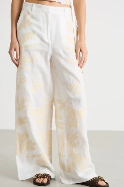 Pantalone in lino ricamato - Bianco Giallo