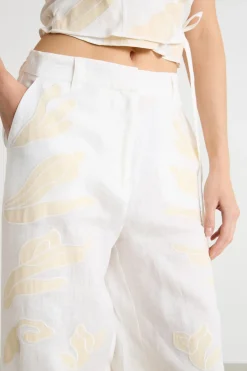 Pantalone in lino ricamato - Bianco Giallo