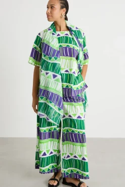 Pantalone in popeline stampato - Verde Viola Bianco