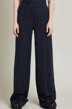 Pantalone palazzo in cotone gessato - Blu Notte