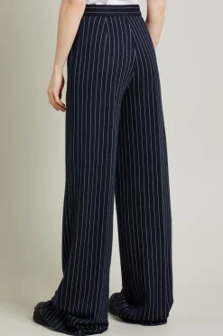 Pantalone palazzo in cotone gessato - Blu Notte