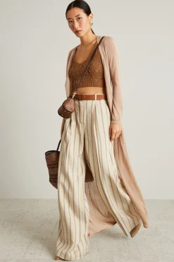 Pantaloni ampi in twill a righe - Sabbia Celeste
