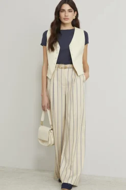 Pantaloni ampi in twill a righe - Sabbia Celeste