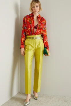 Pantaloni in shantung id seta - Giallo Acido