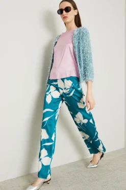 Pantaloni in twill a fiori grafici - Verde Petrolio