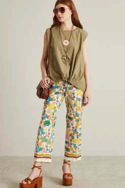 Pantaloni stampati in cotone e line - Beige Giallo Verde