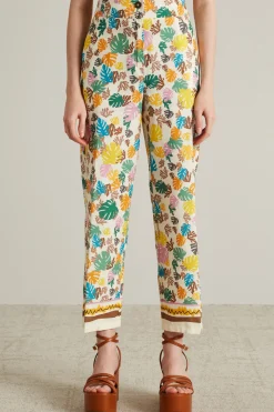 Pantaloni stampati in cotone e line - Beige Giallo Verde