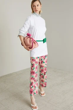 Pantaloni stampati in cotone e line - Rosa Polvere