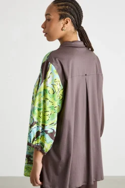 Polo bimateriale in twill e jersey - Marrone