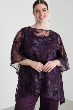 Poncho in tulle ricamato - Melanzana