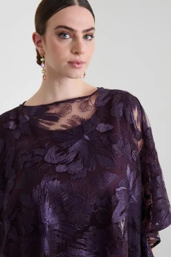 Poncho in tulle ricamato - Melanzana