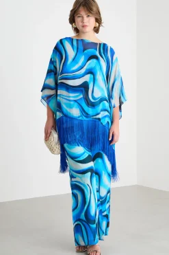 Poncho in georgette con frange - Blu