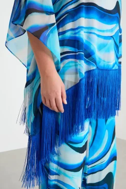 Poncho in georgette con frange - Blu