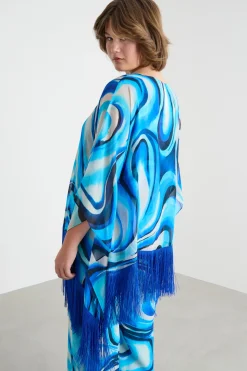 Poncho in georgette con frange - Blu